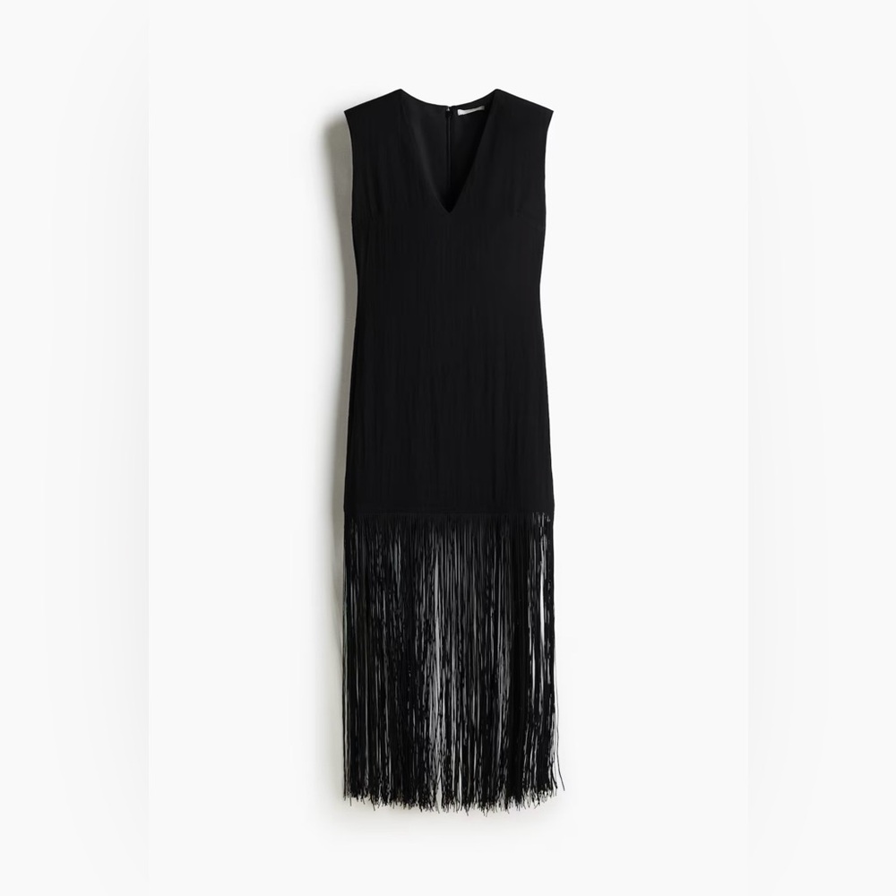 Sleeveless Black Fringe Midi Dress